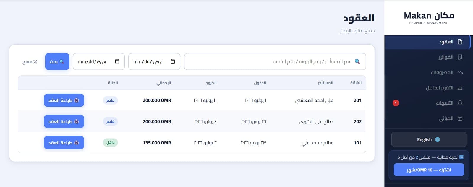 Makan's contracts screen: rental contracts listed by unit, tenant and dates, each with a print-contract button, above search filters for tenant name, ID or unit number.