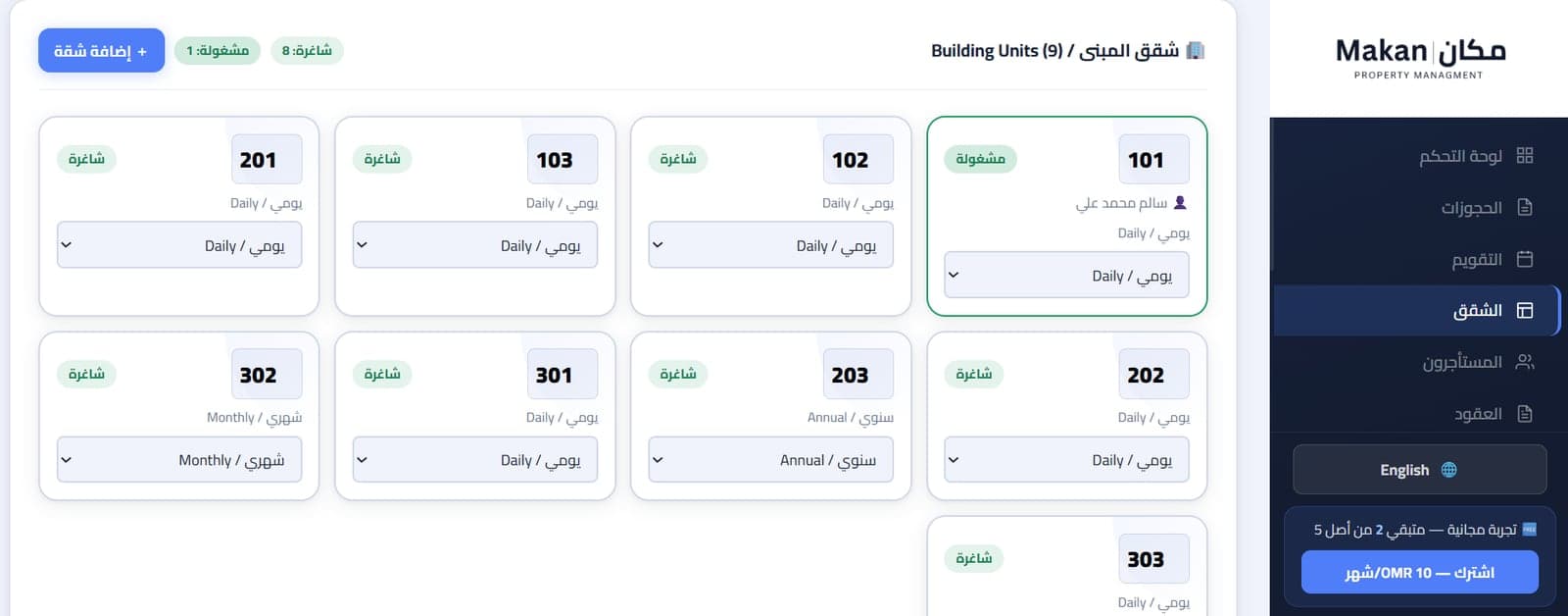 Makan's units screen: each unit in the building shown as a card with its number, whether it is vacant or occupied, and whether it runs on daily, monthly or annual terms.